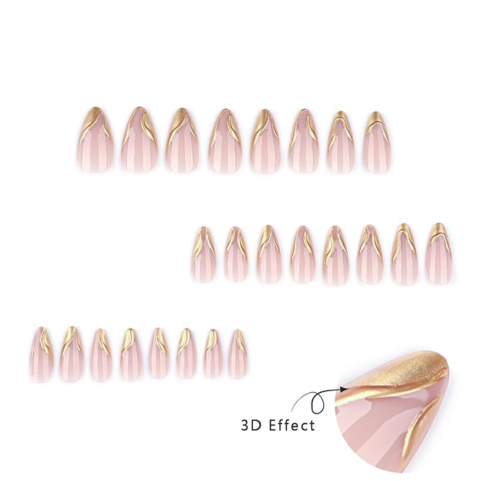 24Pcs Gold French Tip Press on Nails Almond Medium Fake Nails with 3D Irregular Gold Chrome Nail Tips Design Nude Acrylic False Nails Full Cover Glossy Glue on Nails for Women Girls Daily Wear