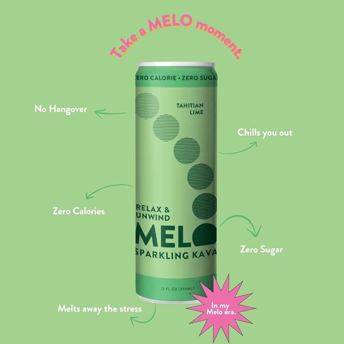 Melo Sparkling Kava Drink, Tahitian Lime, Sugar Free Non Alcoholic Drinks with Zero Calories, Gluten Free, Vegan, 100% Natural Mocktail with 750mg Kava Root per Drink, 12 Pack, 12 oz Cans
