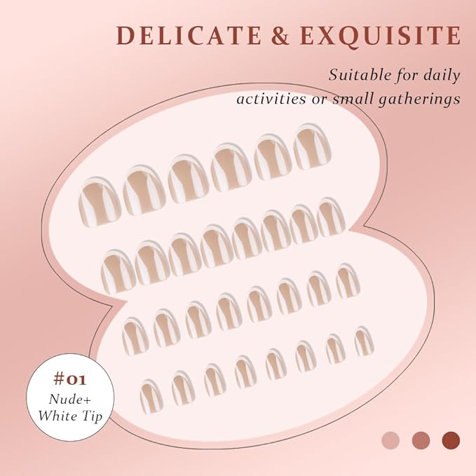 Press On Nail, French Tip Chrome Acrylic Press On Nails Short Round, Designer Reusable Glazed Fake Nails, Glossy Soft Gel Nails Wedding and Party, Stick On Glue On Nails Press Ons for Women