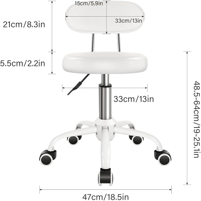 Rolling Stool with Wheels Swivel Stool with Back Height Adjustable Chair PU Leather Rolling Chair Ideal for SPA Salon Home Office Drafting Work (White)