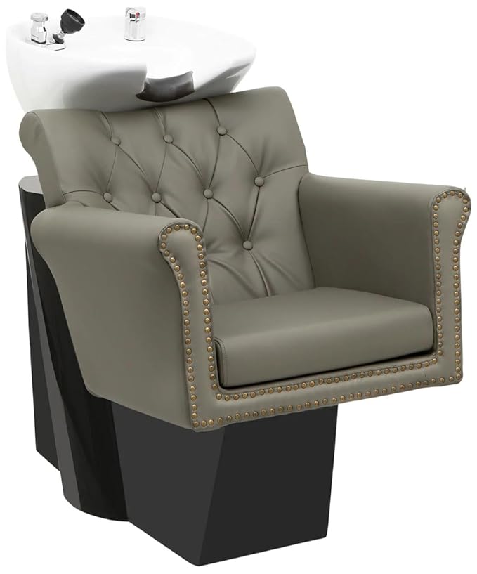 Buy-Rite Chelsea Backwash Unit – Tilting White Porcelain Shampoo Bowl, Gray Tufted Vinyl Chair, Brass Nailhead Trim, Removable Seat Cushion, European Faucet