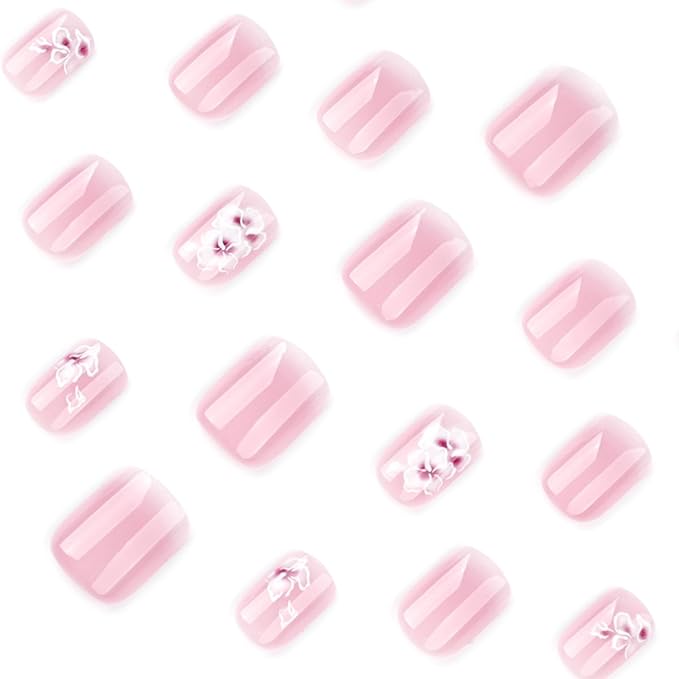 French Press On Nails Short Square White Nude Gradient False Nails Delicately Adorned with White Silver Flowers Reusable Glue On Nails for Women Kit 24Pcs