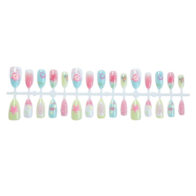 30Pcs Flower Press On Nails Medium Almond Nails With 3D Colorful Summer Sea Starfish Designs French Tips & Cute Heart Lemon False Nails Ocean Beach Press Ons Handmade Nails Pearl for Spring