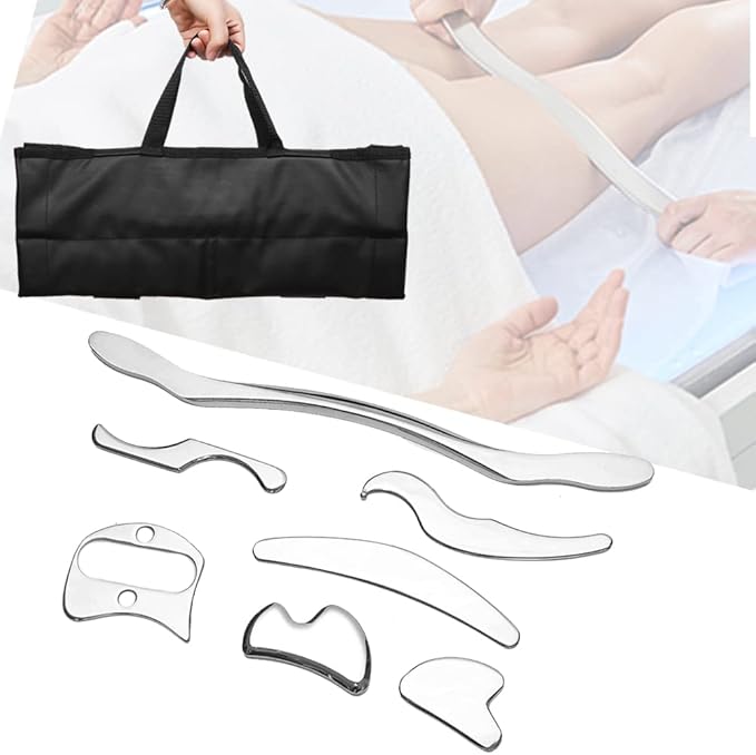 FeelFree Sport Stainless Steel Gua Sha Scraping Massage Tool Set of 7 Pieces for Soft Tissue Mobilization Physical Therapy(Silver)
