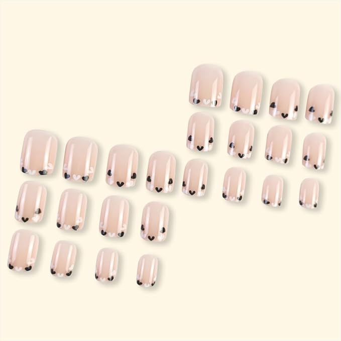 Short Square French Tip Fake Nails with Heart Love Design - Cute Nude Nature Squoval False Glossy Glue on Nails 24 Pcs