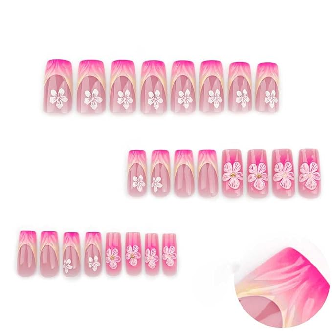 French Press on Nails Medium Long Pink Fake Nails Square Bling Glossy 3D Flower Design False Nail Tips Artificial Nails Finger Manicure for Women and Girls-24pcs