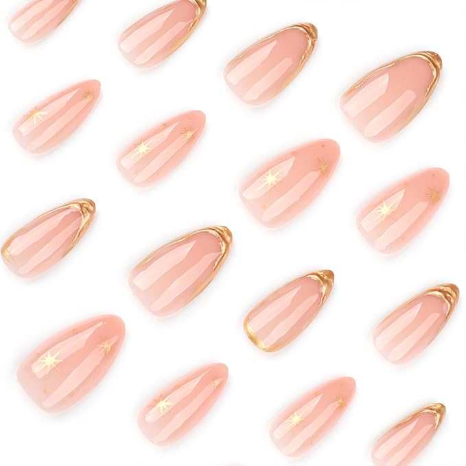 24Pcs Almond Press on Nails French Tip Fake Nails 3D Gilding False Nails Gold Texture Glue on Nails Nude Acrylic Nails Press ons Medium Glossy Artificial Nails for Women Manicure Decoration