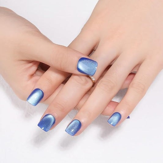 Blue Press on Nails Short Square Ice Blue Cat Eye Press on Nails Fashion Gel Fake Nails Reusable Acrylic Fake Nails Glossy Stick on Nails for Women Girls Gift Glue on Nails Kit