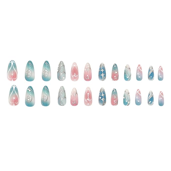 24Pcs French Tip Press on Nails Almond Medium Fake Nails with Irregular Line Star Pearl Gradient Blush False Nails Glossy Full Cover Artificial Glue on Nails Cute Stick on Nail for Women DIY Manicure