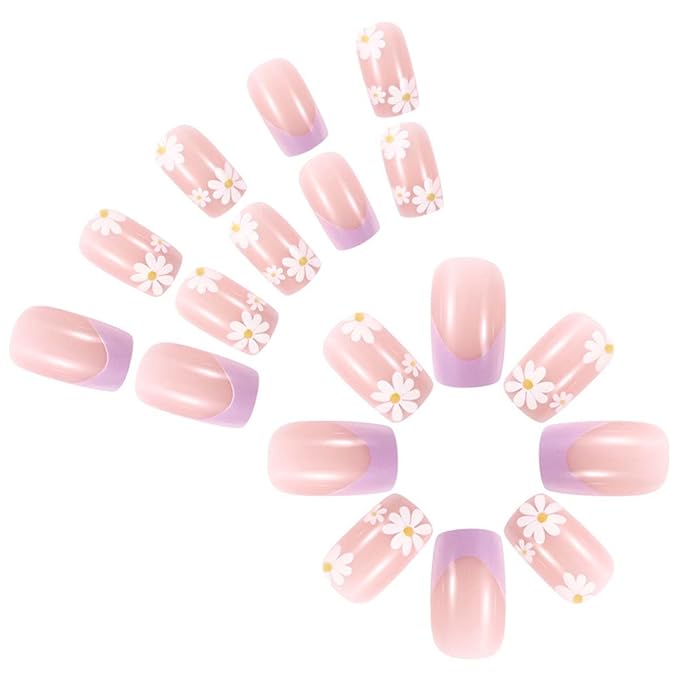 Square Press on Nails Medium Fake Nails French Tip False Nails with Flower Design Nude Acrylic Nails Artificial Nails Glossy Full Cover Glue on Nails Stick on Nails for Women Manicure 24Pcs