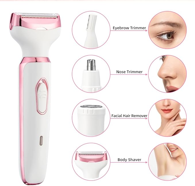 Women's Electric Razor Bikini Trimmer, 4-in-1 Cordless Shaver for Face, Legs, Underarms, Pubic Hair – Wet/Dry Use, Painless Hair Removal