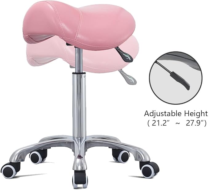Antlu Saddle Stool Rolling Chair for Massage Clinic Spa Salon Cutting, Saddle Rolling Stool with Wheels Adjustable Height (Pink)