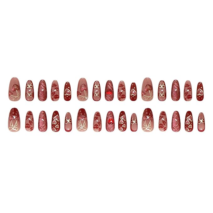 30Pcs Red Press on Nails Medium Almond Fake Nails Gold Bow Design Cherry False Nails Heart Red Lips Full Cover Artificial Nails Romantic Glitter Glue on Nails for Women Girls Valentines Nails DIY