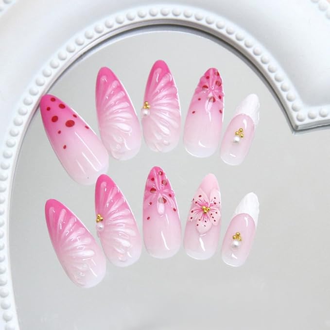 Rose Pink Gradient Press on Nails Medium Almond Shaped Fake Nails with 3D Flowers Striped Polka Dot Designs Glossy Full Cover Stick on Nails French Tip Acrylic Nails for Women DIY Manicuare 24 Pcs