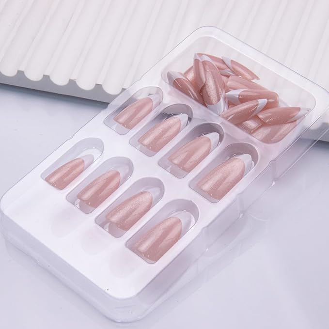 French Tip Fake Nails Almond Press on Nails Nude Pink Cat Eye Acrylic False Nails Press ons Glossy Nature Artificial Nails with White Glitter Designs for Women Girls Manicure Decoration 24Pcs