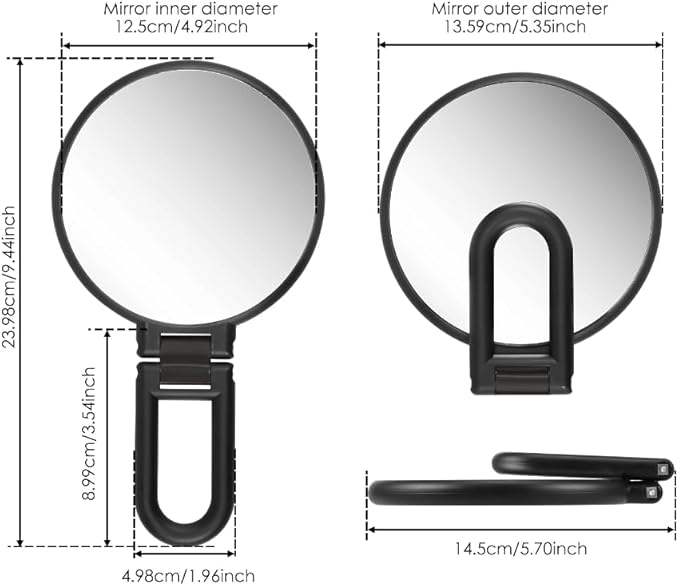 1X 5X Handheld Mirror with Handle for Travel， Magnifying Mirror, Magnification, Rotation Adjustable Handle, Double Sided Folding, Mirror for Women for Eyes Makeup Travel Shaving (Black)