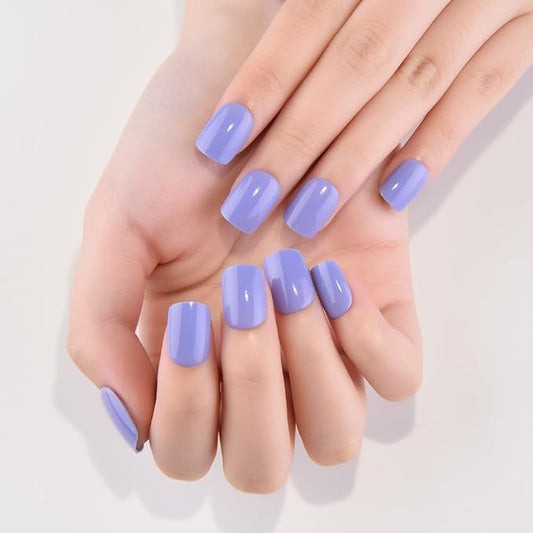 evpct Blue Glossy Press on Nails Short Square, Glossy Blue Fake Nails Summer Reusable, Acrylic False Nail Stick Glue on Press ons for Women Gifts, Perfectly Fit Durable False Nail Kit with Glue 30Pcs