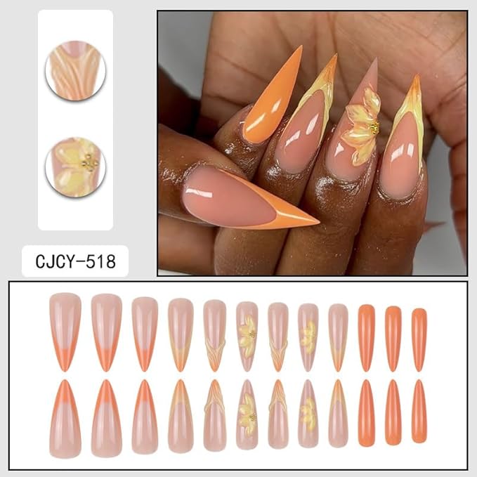 Long Press on Nails Almond shaped False Nails Nude Pink and Orange Fake Nail Artistic 3D Flower Stick on Nail for Women 24pcs