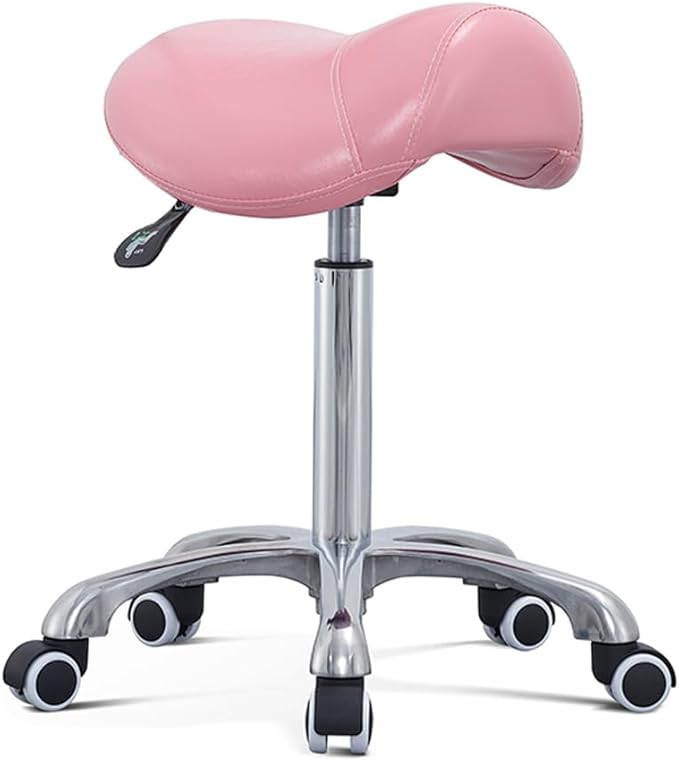 Antlu Saddle Stool Rolling Chair for Massage Clinic Spa Salon Cutting, Saddle Rolling Stool with Wheels Adjustable Height (Pink)