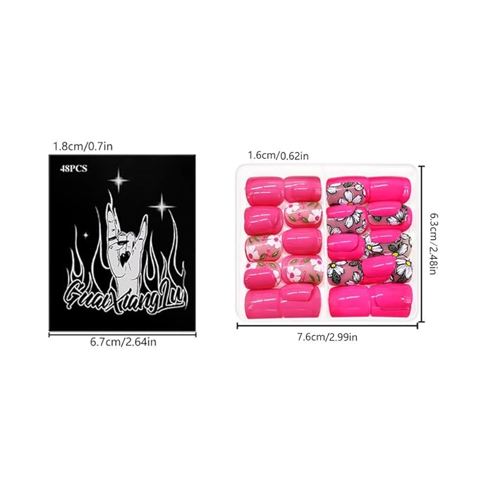 2 Packs 48Pcs Flowers Press on Nails Short Square Fake Nails Pink Floral False Nails Squoval Artificial Acrylic Nails with Design Glossy Glue on Nails Press ons for Women Girls Spring Manicure Set