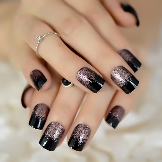 Black Light Coffee Brown Glitter French Press on False Nail Medium Short Square Shimmer Fake Nails Tips Salon Manicure Reusable DIY Fake Artificial Nails Art for Women Girls