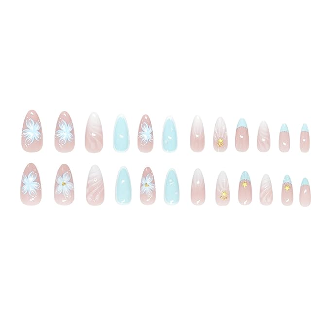 24pcs Summer Press on Nails Medium Almond Fake Nails with 3D Blue Flower Designs Gold Starfish Bead Glue on Nails French Tip False Nails Summer Beach Acrylic Nails Full Cover Stick on Nails for Women