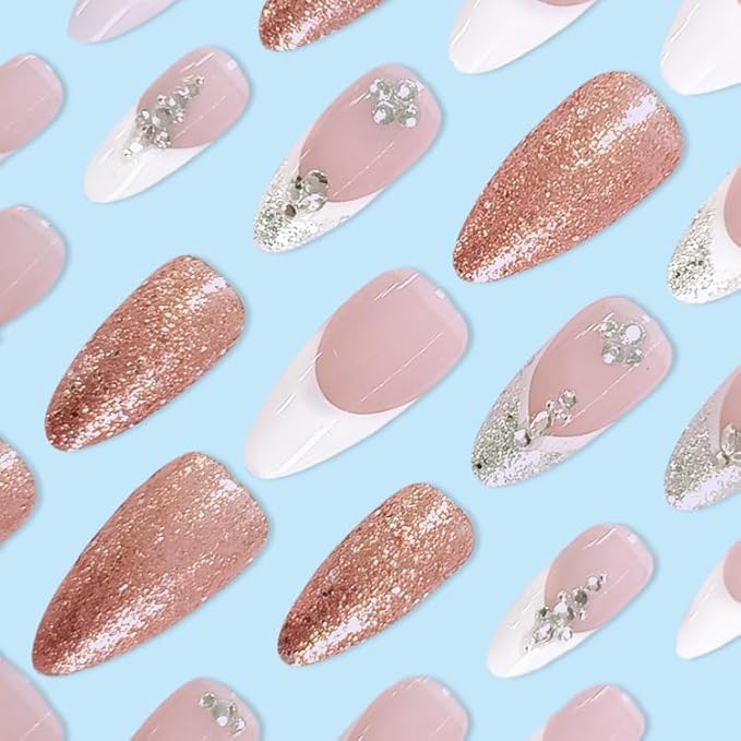 French Tip Press on Nails Almond Medium Fake Nails Glitter Acrylic Nails with Rhinestone False Nails Full Cover Glue on Nails Artificial Nails for Women Girls Manicure Nails Decoration 24Pcs