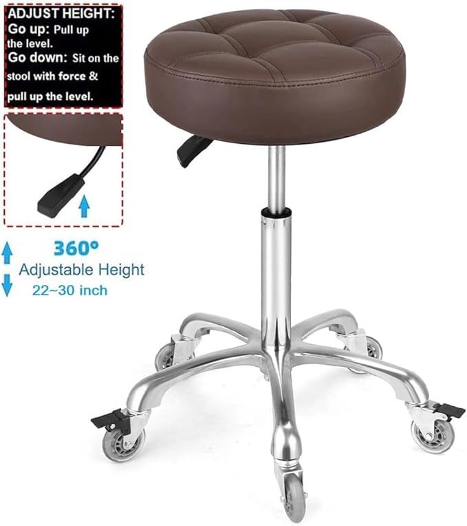 Adjustable Heavy Duty Stool - Rolling Stools with Locking Caster Wheels - Swivel Stools Backless Chair for Home Kitchen Office Shop Tattoo Lash Tech Pedicure (Brown, Height 22 to 30 in)