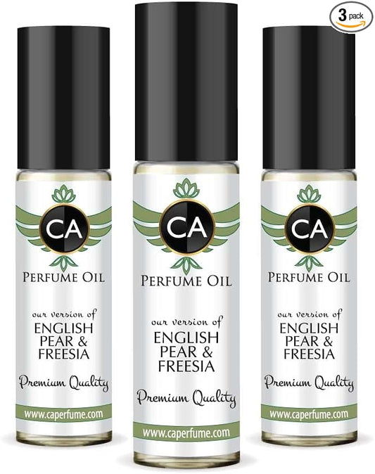 CA Perfume Impression of J. Mlon English Pear & Freesia For Women & Men Replica Fragrance Body Oil Dupes Alcohol-Free Essential Aromatherapy Sample Travel Size Long Lasting Roll-On 0.3 Fl Oz-X3