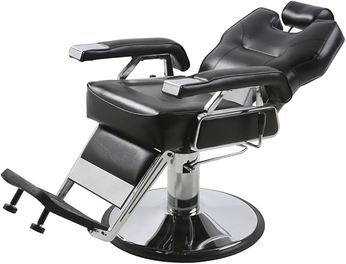 Buy-Rite K.O. Professional Barber Chair - Fully Reclining Hydraulic Barbering Chair with 360° Swivel, Adjustable Headrest, Extra-Wide Seat & 28" Chrome Base for Barbershops, SY-31307