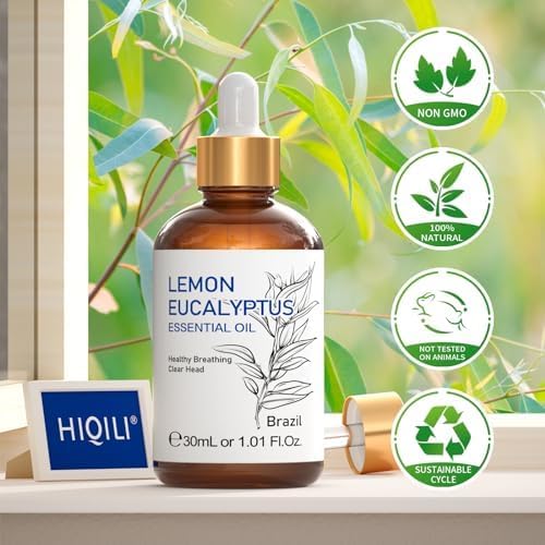 HIQILI Lemon Eucalyptus Oil, for Spary, Diffuser, Indoors, Outdoors, Garden, Yard, 100% Pure Natural - 1.01 Fl Oz