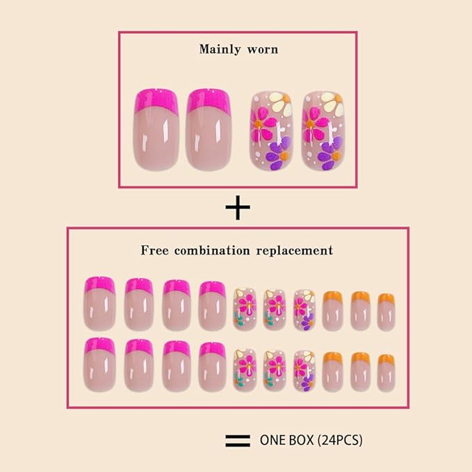 French Tip Press on Nails Short Square Fake Nails Flower Bow False Nails Pink Glossy Full Cover Acrylic Nails Spring Glue on Nail Artificial Cute Stick on Nail for Women Manicure 24Pcs