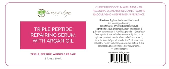 Essence of Argan Triple Peptide Serum for Face with Argan Oil, Aloe Vera, Chamomile, Green Tea and Olive Oil - For Deep Moisturizing and Glowing Skin - 2fl.oz/60ml