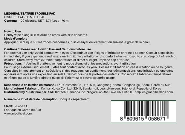 MEDIHEAL Toner Pads [Teatree] - Trouble Care Toner Pad with Teatree & Lactobacillus - Calming & Soothing for Sensitive & Acne Prone Skin - Vegan Hypoallergenic Face Gauze (100 Count)