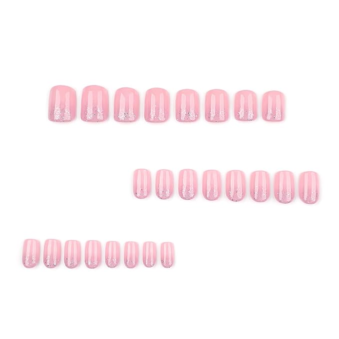 Square Press On Nails Short – Nude Pink Glitter Acrylic Fake Nails, 24PCS Glossy Thick False Nails Kit, Durable Reusable Stick On Nails with Glue & Tools for Women, DIY Salon Manicure