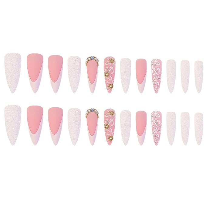 Flower Press on Nails White French Tip Fake Nails Long Stiletto False Nails with Rhinestone Design Nude Glue on Nails Glossy Artificial Acrylic Full Cover Glitter Stick on Nails for Women Manicure