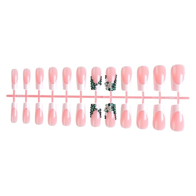 Pink French Fake Nails, Medium Rhinestone Square Bling White Glossy False Nail Tips, Artificial Luxury Finger Manicure for Women and Girls, 24pcs