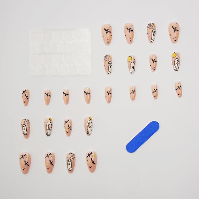 24Pcs Halloween Ghost Press on Nails Medium Almond Fake Nails with Stars Bat Spider Web Designs Glue on Nail Glossy Nude Acrylic Nail Halloween Full Cover Stick on Nails for Women DIY Manicure Salon