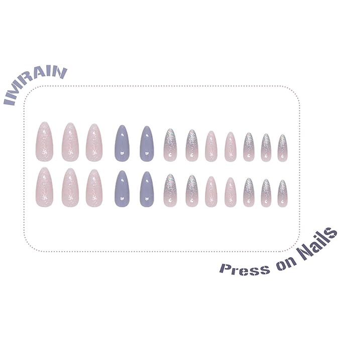 IMRAIN Press on Nails Medium Almond Fake Nails Blue Glitter Glossy Glue on Nails Full Cover White Acrylic Stiletto False Nails with Bling