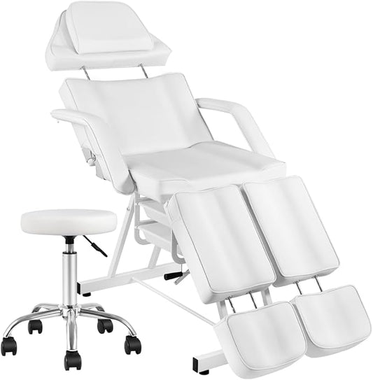 Facial Chair, Foldable Tattoo Chair with Split Legs Hydraulic Stool Massage Table Spa Bed for Beauty Capacity 330lbs White