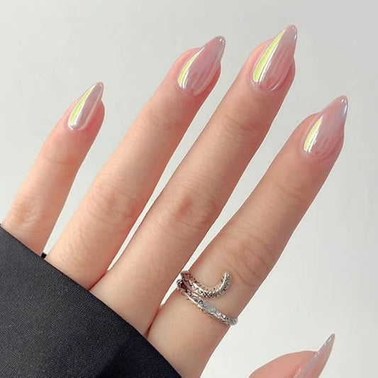 Almond Press on Nails Medium Pink Fake Nails Glossy Chrome False Nails with Designs Solid Color Glue on Nails Full Cover Acrylic Stick on Nail for Women Girls Manicure 24 Pcs