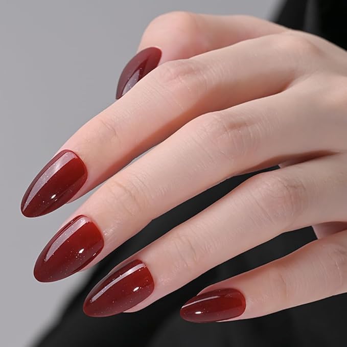 Almond Press On Nails Pearl Finish Wine red Press On Nails Short Glue On Nails for Women Opaque Natural Reusable Stick On Nails 30Pcs 15 Sizes