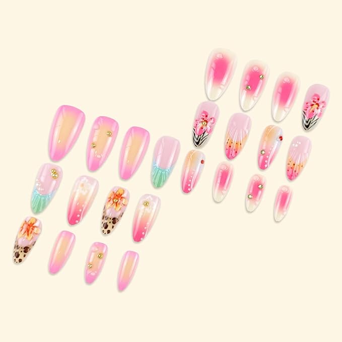 24Pcs 3D Flower Press on Nails Medium Almond Fake Nails with Colorful Floral Design Summer Nail Art Acrylic False Nails Beads Rhinestones Charms French Stick on Nails for Women Daily Wear