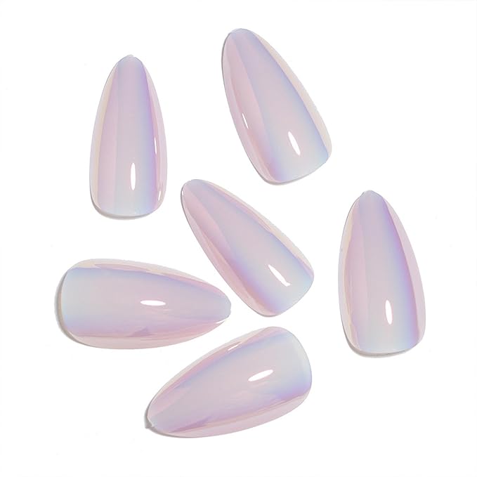 Medium Press on Nails Aurora Almond Fake Nails Chrome False Nails with Soft Gel Glue on Nails Purple Pink Sparkly Acrylic Nails Full Cover Glossy Nails Decorations
