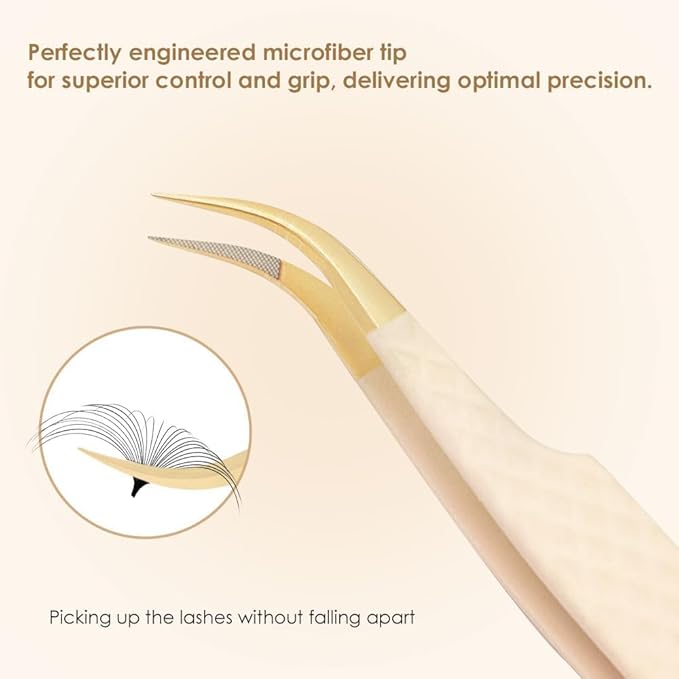 Beige Fiber Tip Lash Tweezers for Eyelash Extensions – S Shape for Volume & Isolation, Professional Lash Technician Precision Tool