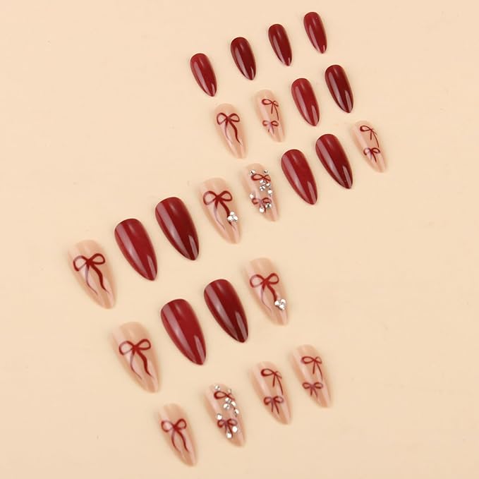 Red Press on Nails Almond Medium Fake Nails with 3D Rhinestones Designs French Press ons Red Bow Glue on Nails Glossy Full Cover Acrylic False Nails Kit for Women Girls Manicure 24Pcs