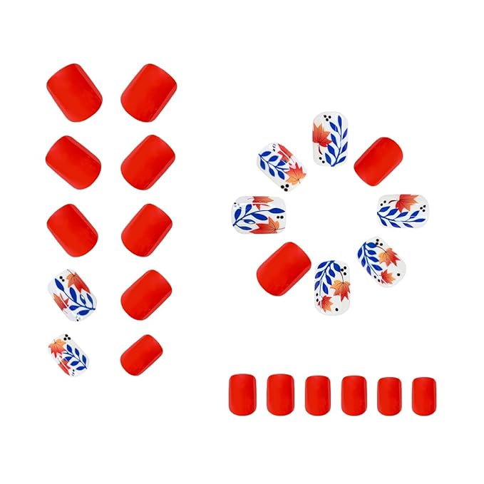 24Pcs Fall Red Press on Nails Short Square Fake Nails with Maple Leaf Design Autumn False Nails Thanksgiving Glue on Nails Blue Leaf Polka Dot Full Cover Artificial Nail for Women Holiday Manicure