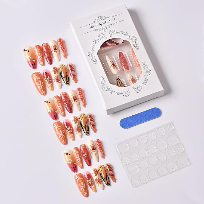 Long Almond Press on Nails Fall Themed 3D Handpainted False Nails with Floral Butterfly and Maple Leaves Stick on Nail for Women 24pcs