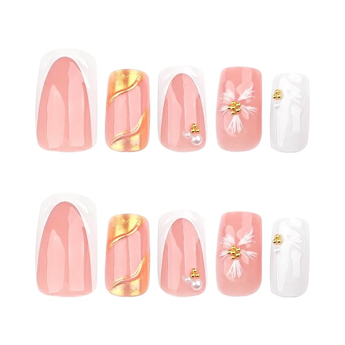 Gold Press on Nails White French Tip Fake Nails Medium Square False Nails with 3D Pearl Designs Embossed Flower Acrylic Nails Reusable Artificial Stick on Nails for Women Girls Manicure Salon 24Pcs