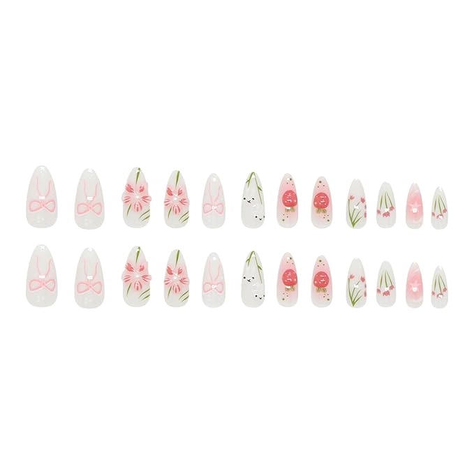 24Pcs Cute Press on Nails Medium Almond Fake Nails with Flowers Cute Bunny Designs Artificial Cute Nails Stick on Nails Spring False Nails Acrylic Nail Full Cover Artificial Glue on Nails for Women